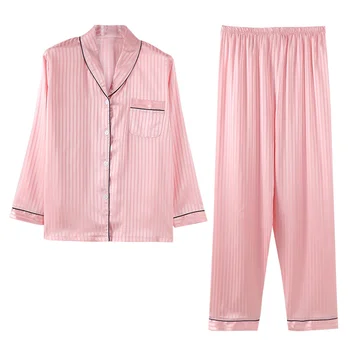

Autumn Pyjamas Women Silk Pajamas Satin Striped Pijama Feminino Long Sleeve Turn-down Collar Plus Size Women Sleepwear Suit