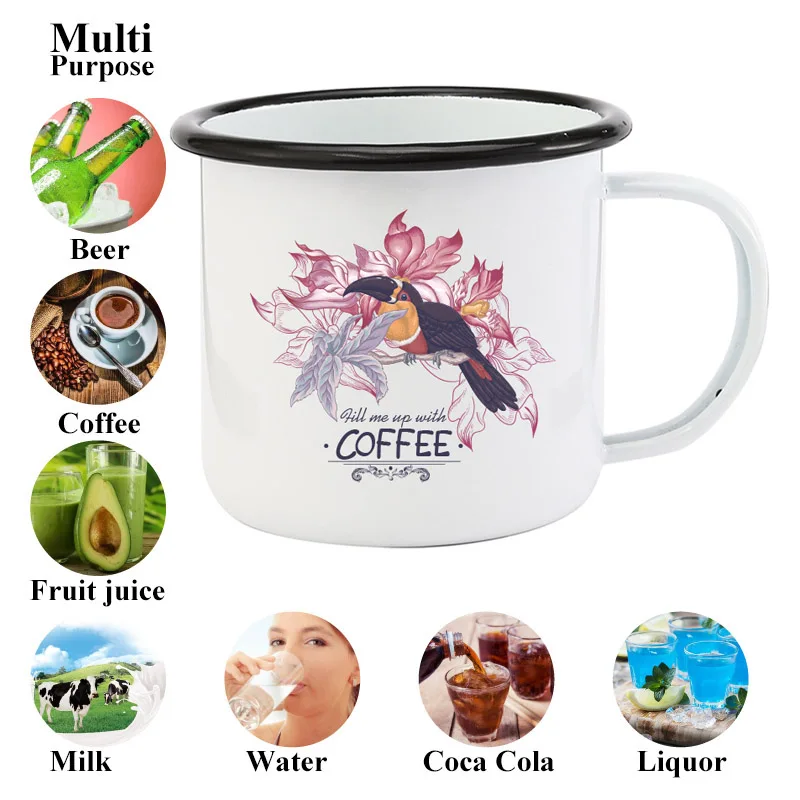 

Simple Black Edge Enameled Cup, Special Parrot Pattern Milk Mug, Household and Office Coffee Cup