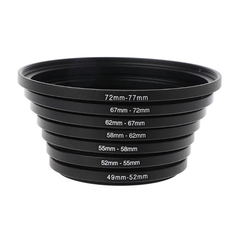 

Premium 7PCS/SET 49MM-77MM Universal Black Metal Aluminum Alloy Step-up Ring Common Camera Lens Adapter Filter Set Accessories
