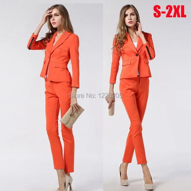 NEW Spring Orange women pant suits formal office work wear sets ladies
