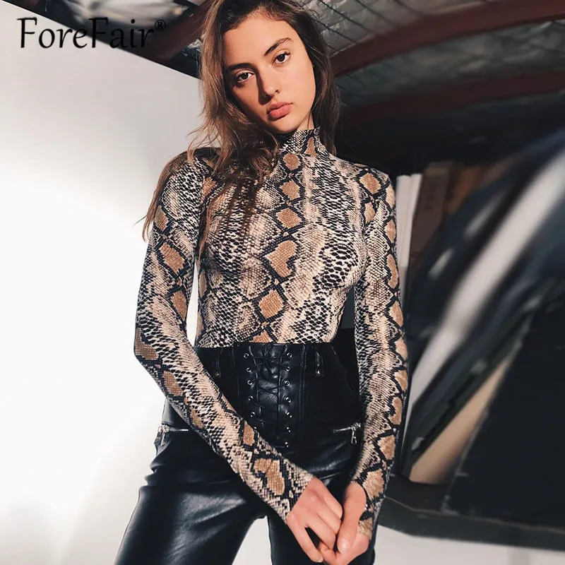 

Forefair Vintage Long Sleeve Mock Neck Snake Print Bodysuit Women 2018 Winter Streetwear Skinny Sexy Snake Skin Bodysuit