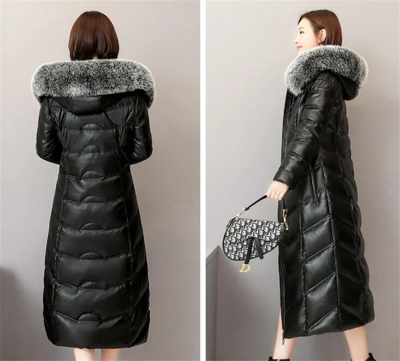 Зимнее женское пуховое пальто из натуральной кожи, высокое качество, воротник из лисьего меха, с капюшоном, топы, плюс размер, женские утепленные пуховые пальто из овчины