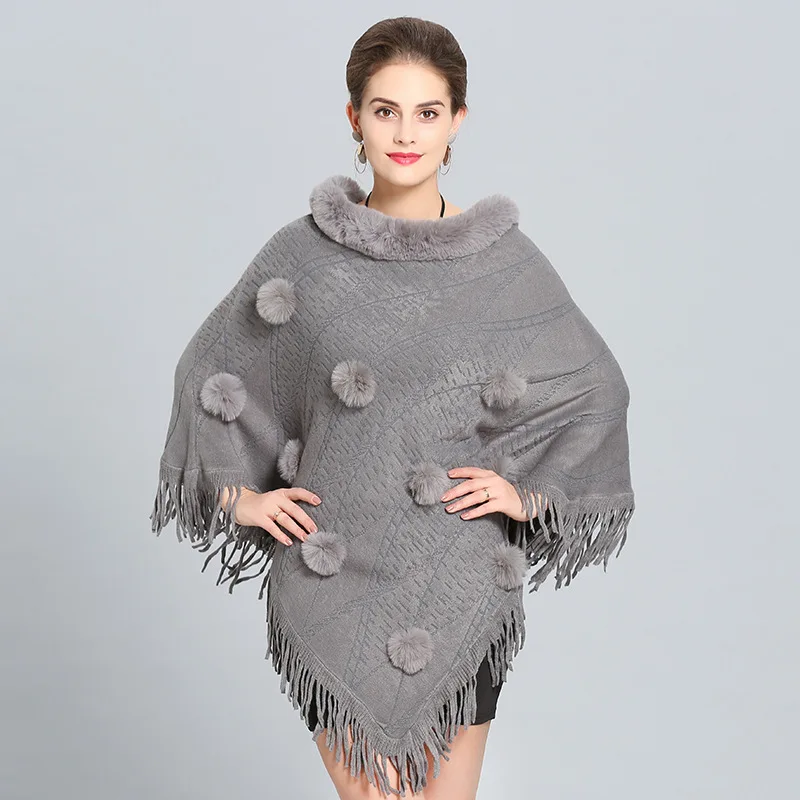 Women Cape Beading Floral Poncho 2018 Winter Faux Fox Fur Shawl Knitted Triangle Tassel Sweater Plus Size Pullover Coat Fur Neck