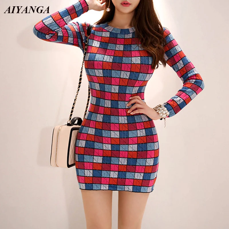 Fashion Plaid Knitted Mini Dress Women 