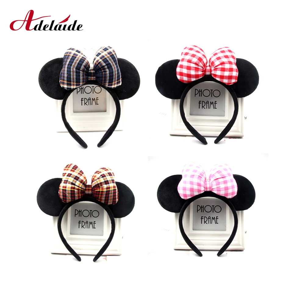 

New Grid Hairband Minnie Mickey Ears Hairband For Girls Valentine's Day Party Princess head hoop Bow Headband Hair Accessories