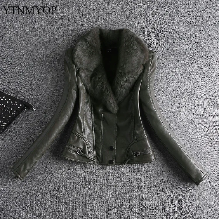 YTNMYOP, тонкая женская кожаная куртка с воротником из натурального меха кролика Рекс, осенне-зимние толстые кожаные пальто, верхняя одежда, плюс 4XL