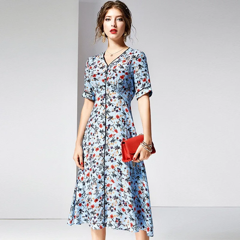 

2019 Summer Original Gloria&Grace 100% Silk Blue Flowers Floral Print Pattern V-Neck Elegant Loose Big Hem XL Knee-Length Dress