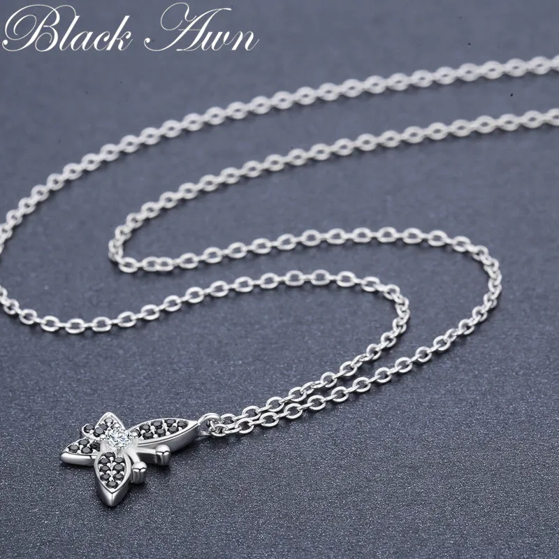[BLACK AWN] Silver Color Necklace for Women Butterfly Black Spinel Slide Anima Necklaces Pendants P189