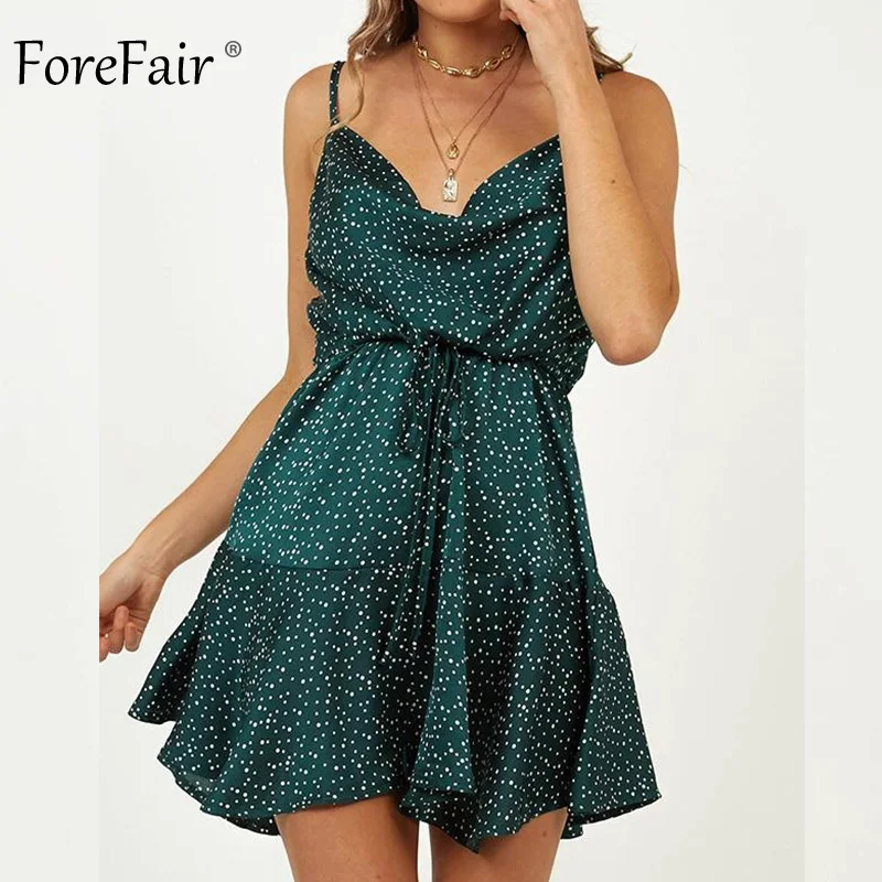 Forefair, летнее платье в горошек, ТРАПЕЦИЕВИДНОЕ, сексуальное, с открытыми плечами, бохо, асимметричная туника, эластичная талия, открытая спина, мини, вечерние платья для женщин - Цвет: Green Dress