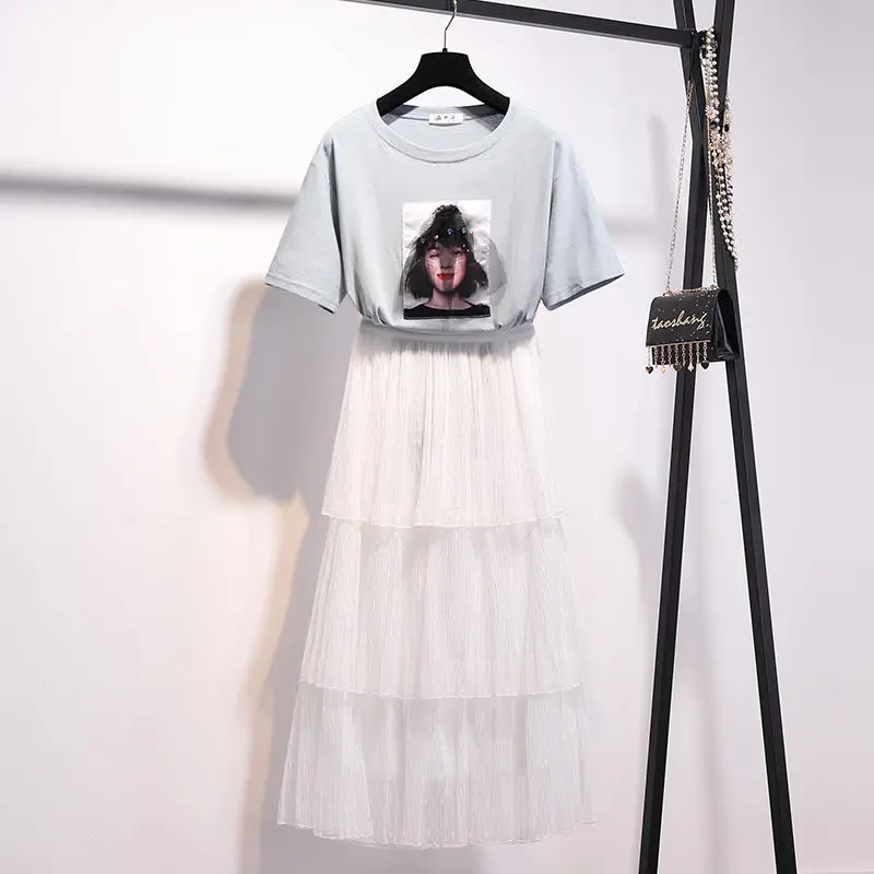 2019 Новые повседневные комплекты из 2 предметов женская летняя футболка с короткими рукавами и круглым вырезом + многослойная юбка в
