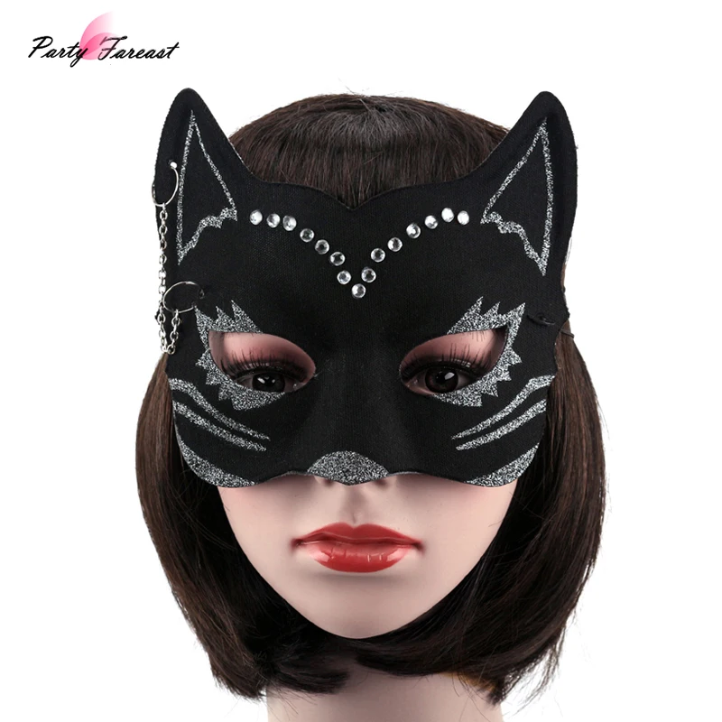 

PF Sexy Black Cat Masks Cosplay Plastic Mask with Rhinestone for Women Girls Masquerade Carnival Party Fancy Costume Decoration