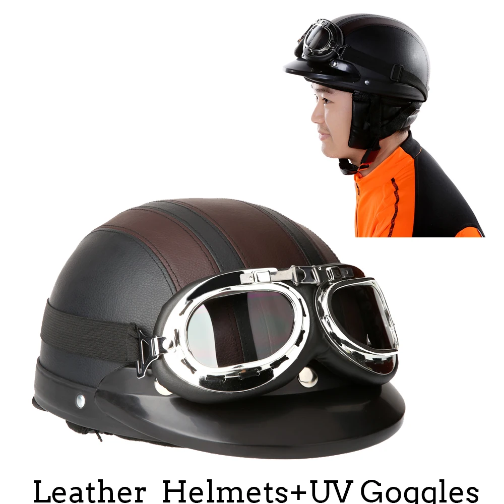 Retro Oldtimer Motorradhelm Leder Brille Motorrad Helm für Moped Neu AD 