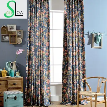 

Slow Soul Languiren Deep Blue Modern Noble Printing Fabric Curtain Screens Simple Flowers French Window Curtains Living Room