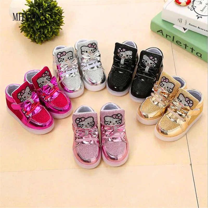 

MHYONS 2019 Children Shoes New Spring Hello Kitty Rhinestone Led Shoes Girls Princess Cute Shoes With Light EU 21-30