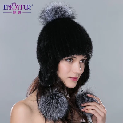 Женская шапка бини с ушами ENJOYFUR, теплая вязаная шапка из натурального меха норки с меховым помпоном на зиму - Цвет: Color 01 black