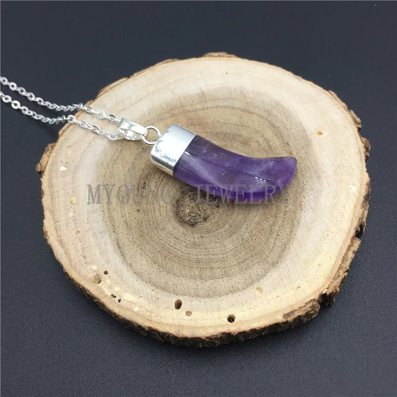 MY0848 Purple Quartz Horn Tusk Amethysts Pendant Necklace with Pure Gold or Silver Color Cap And Chain (3)