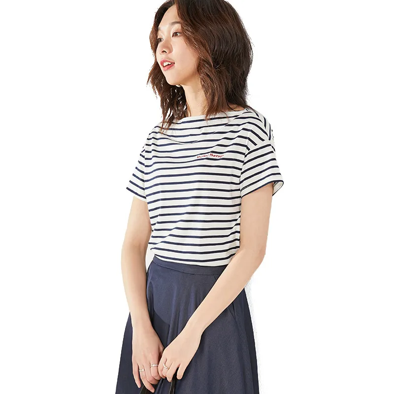 Vitly Женские повседневные полосатые футболки с открытыми плечами, хлопковая футболка, женская футболка, топ в Корейском стиле, уличная женская одежда - Цвет: Navy Blue Stripe