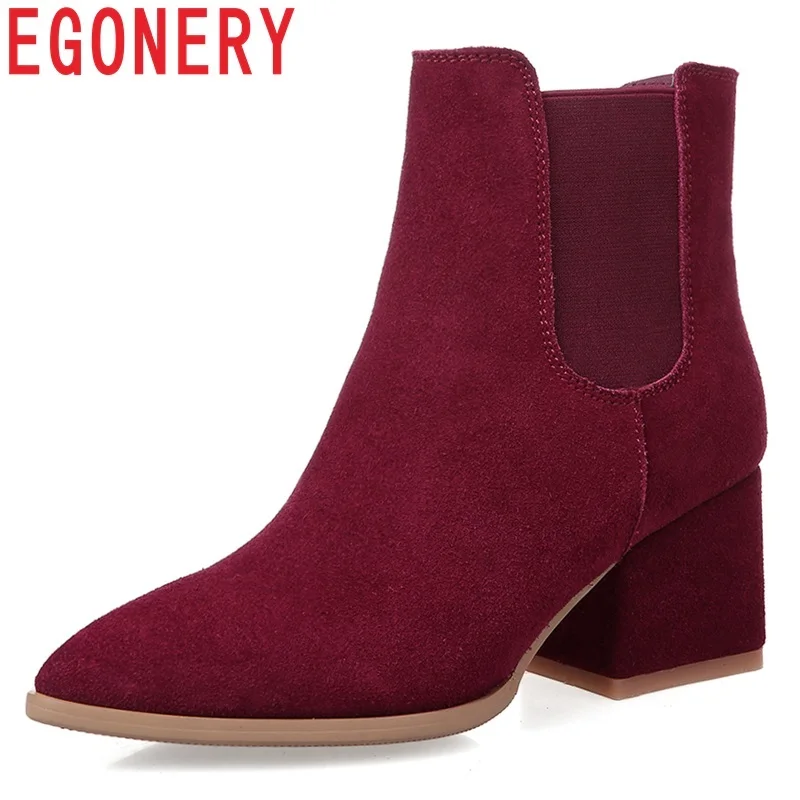 

EGONERY newest hot sale fashion cow suede pointed toe high square heel platform elastic band large size three colors ankle boots