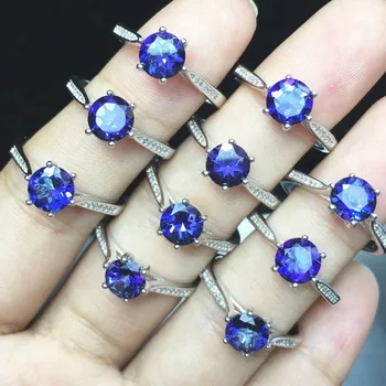 

6MM Round Stone Rings Woman Love Promise Real Topaz Blue Crystal Jewelry Ring Fine 925 Sterling Silver Free Size Ring for Party