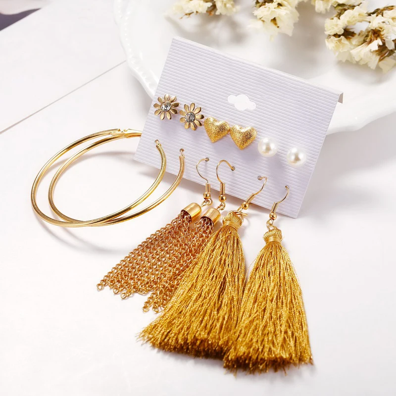 Belleper New Design Tassel Earring Sets Women Geometric Bohemian Gold Flower Long Tassel Earring Set Fashion Wedding Jewelry