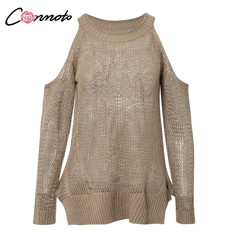 

Conmoto Hollow Out Cold Shoulder Regular Length Sweater Solid White High Street Fashion Sweater Long Sleeve Pullover Jumper