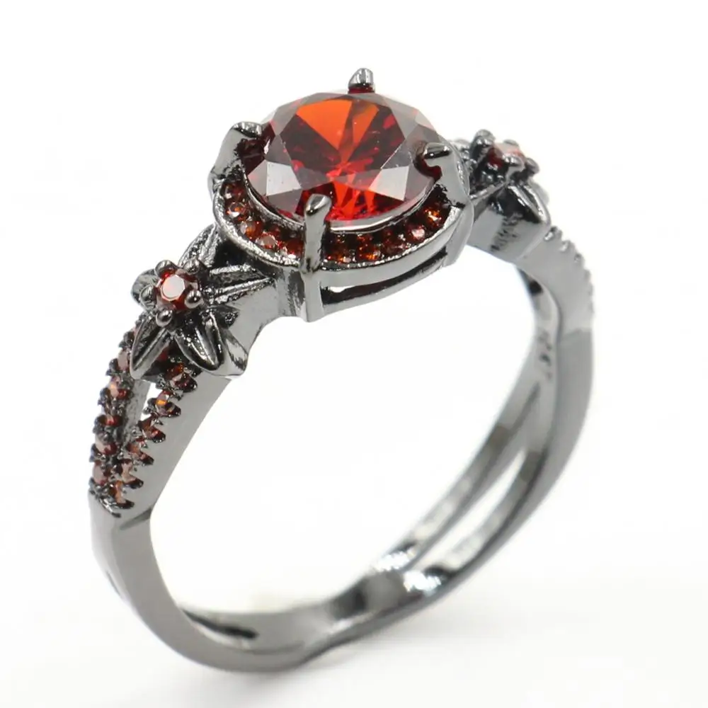 

Drop Shipping High Quality Vintage Jewelry 10KT Black Gold Fill Round Cut Red 5A Cubic Zirconia Wedding Flower Band Ring Gift