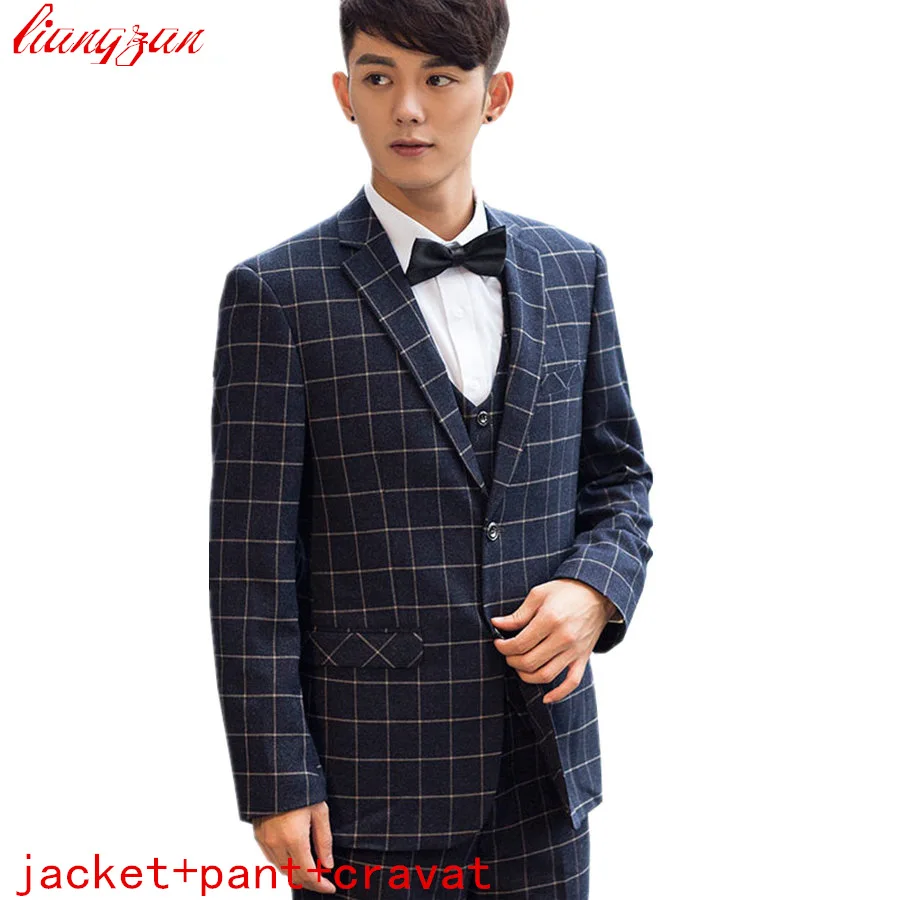 

(Jackets+Pants+Cravat) Men Business Tuxedo Suit Sets Slim Fit Plaid Wool Wedding Formal Dress Suits Cotton Terno Masculino F1794