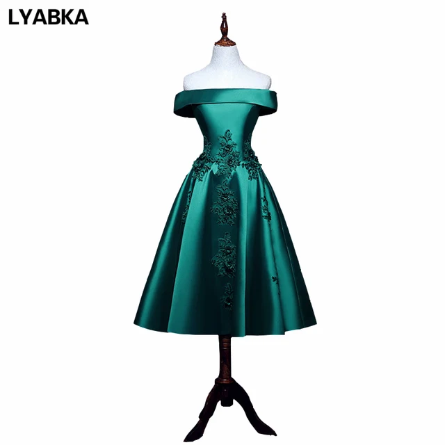 Emerald green Prom Dresses Tea Length Fashion Satin With Applique A