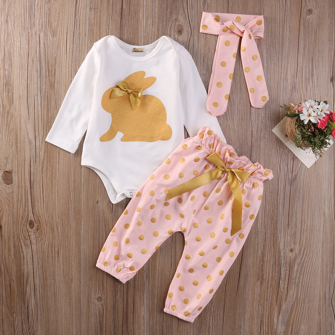 3pcs baby girl clothes Rabbit Long sleeves Romper+pants+headband infant