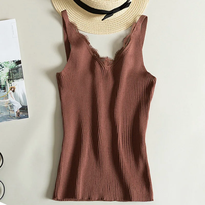 

Sexy V-neck Lace Camis Vest Slim Tops Fashion Woman Clothes Summer Fitness Tank Top Sleeveless