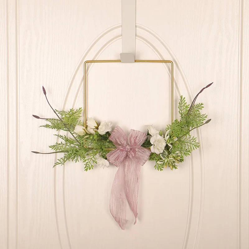 

Geometric Design Metal Frame Artificial Flowers Garland Pendant Faux Floral Hanging Wreath For Wall Window Wedding Decoration
