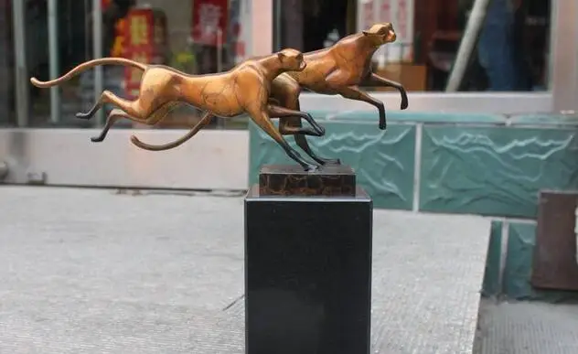 

14"Abstract Pure Bronze Color Marble Two Flying Cheetah Leopard Art Sculpture