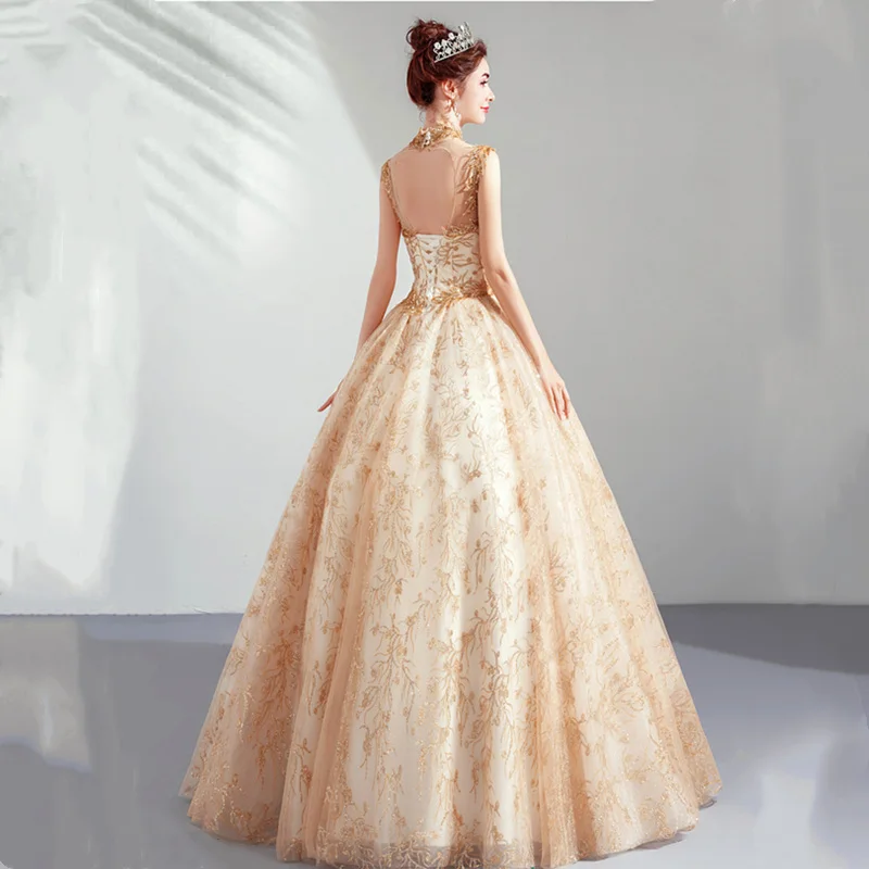 Роскошные свадебные платья с бисером, блестящее Золотое свадебное с блестками, бальное платье с высоким воротом, свадебное платье, Robe De Soiree