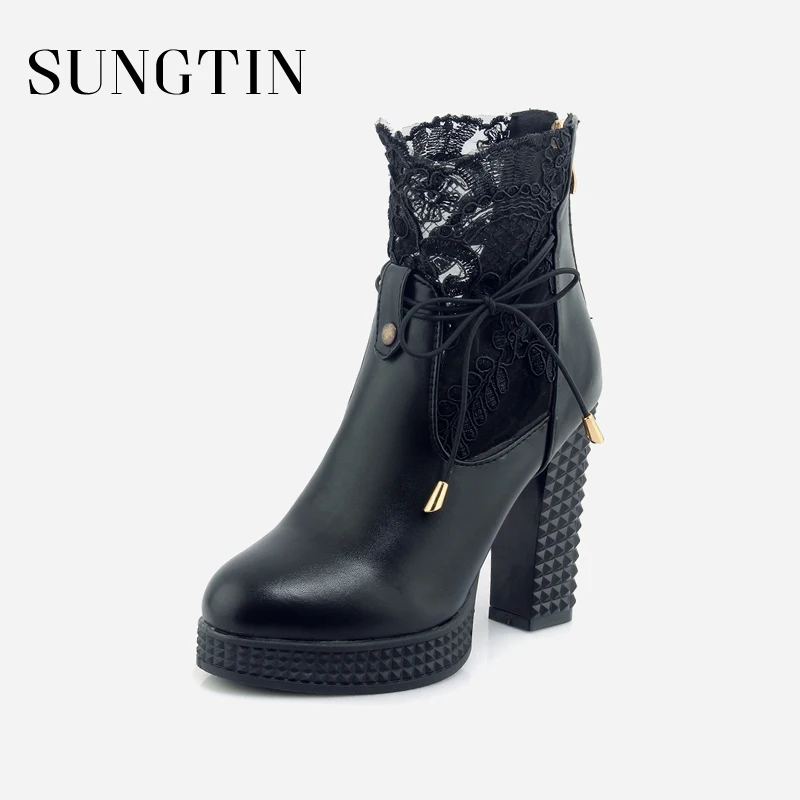 

Sungtin Sexy Flower Mesh Lace Ankle Boots Women Short Platform Boots Spring Lady Booties Lace-Up High Heels 11 CM Large Size
