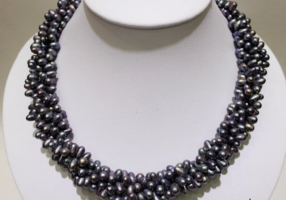 

FREE SHIPPING>>>@@ > N3803 5strands 4-8mm Black freshwater pearl necklace Alloy "Handmade