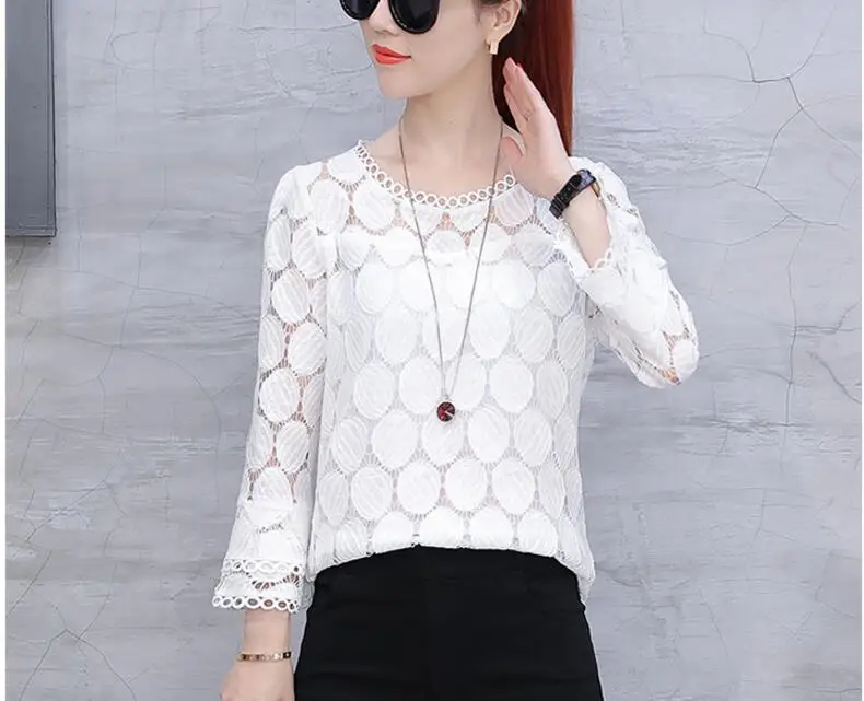 Стильные женские блузки осень плюс размер кружева с расклешенными рукавами женская шифоновая Повседневная Блузка твердая полая женская одежда Топ 905E 30 - Цвет: white