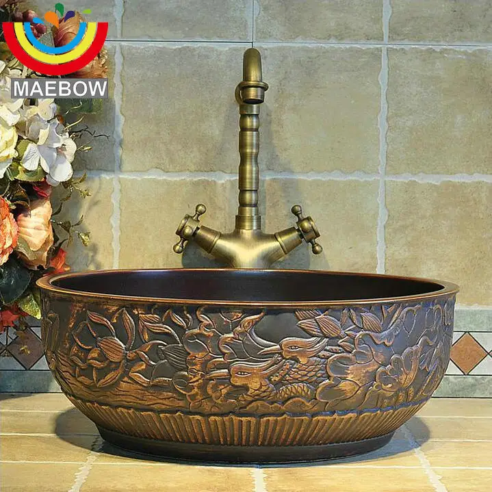 

Handmade Engraved Bird Couple Ceramic Lavabo Bathroom Sink Wash Basin