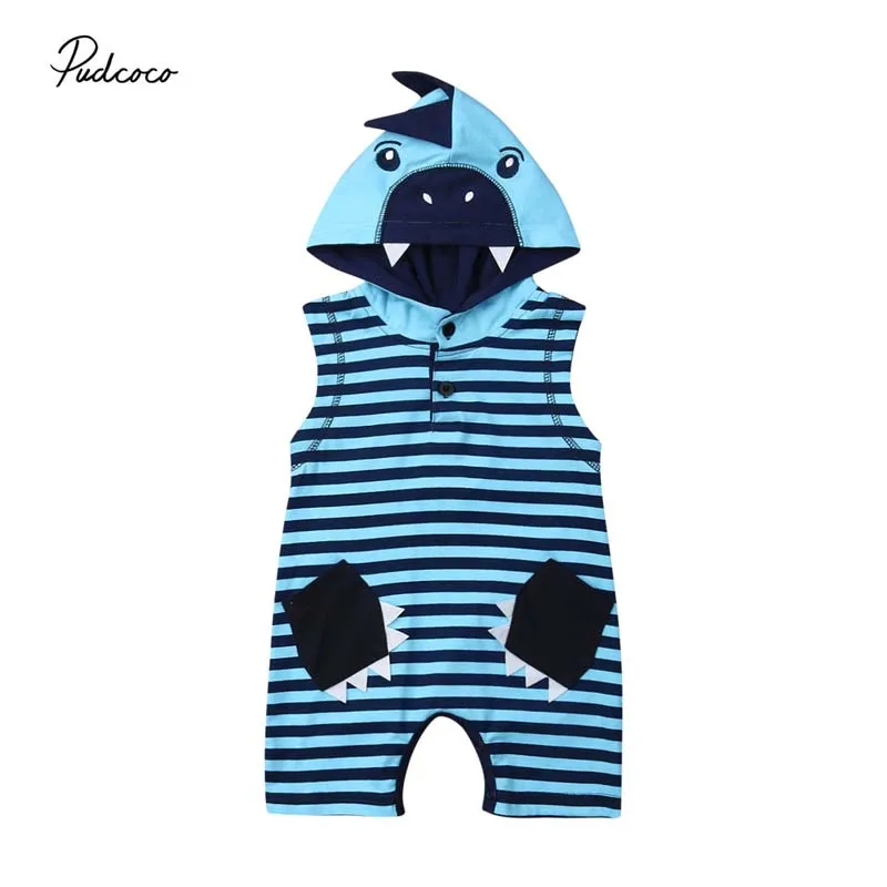 

2019 Brand Newborn Baby Boy Girl 3D Dinosaur Clothes Sleeveless Hood Romper Striped Jumpsuit Outfit Baby Cotton Clothes