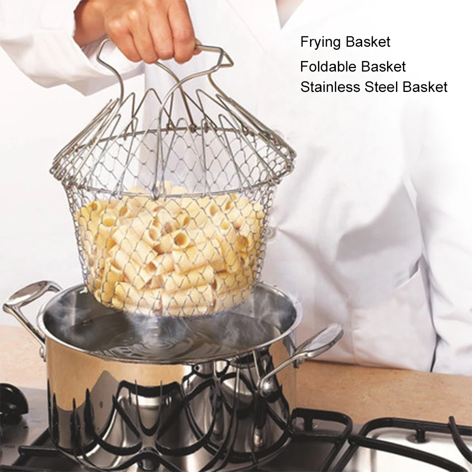 Stainless Steel Frying Chef Basket Steam Rinse Strain Foldable Vegetable Meat Fryer Strain Net Colander Kitchen