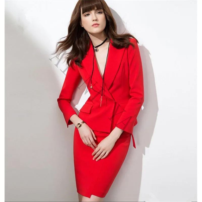 Women Skirt Suits Red Elegant Formal Wear To Work Office