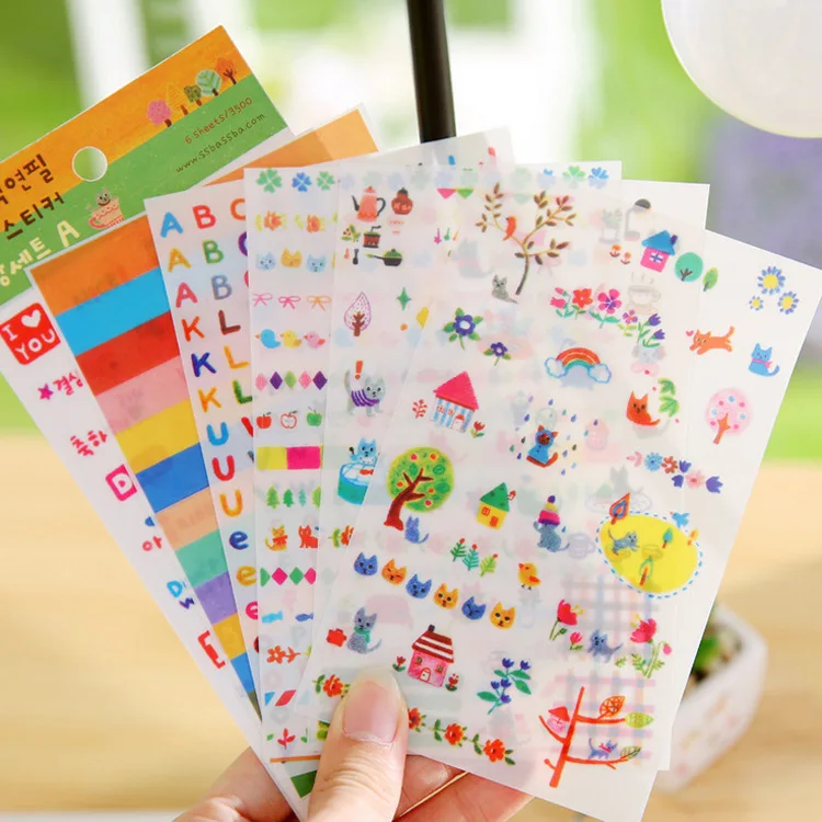 

6 Sheets/set DIY Cartoon Illustration Paper Sticker for Scrapbook Calendar Diary Planner Sticky Photo Album Decor Kids Children