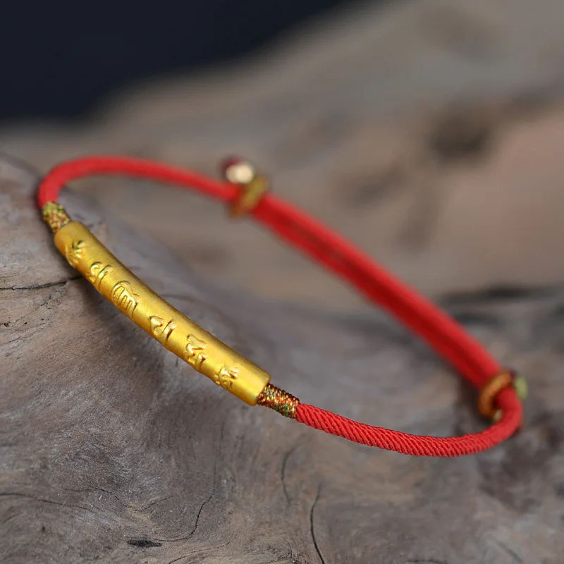 Comprar Plata de Ley 999 Color dorado hecho a mano fina pulsera de cadena roja para mujer seis palabras grabadas oración del mantra joyería budista
