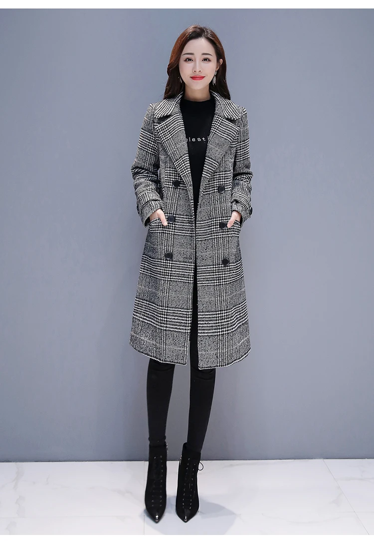 Hodisytian Winter Women Wool Blends Plaid Trench Coat Elegant Outerwear Casual Loose Thick Cardigan Female Cashmere Overcoat