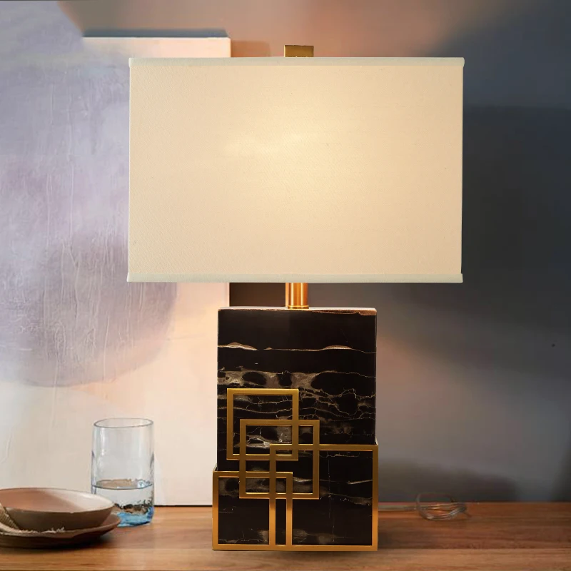 

Nordic Fabric Lampshade Table Lamp Light Fixtures Natural Black Cuboid Marble Base Desk Lights E27 Indoor Lighting for Bedroom