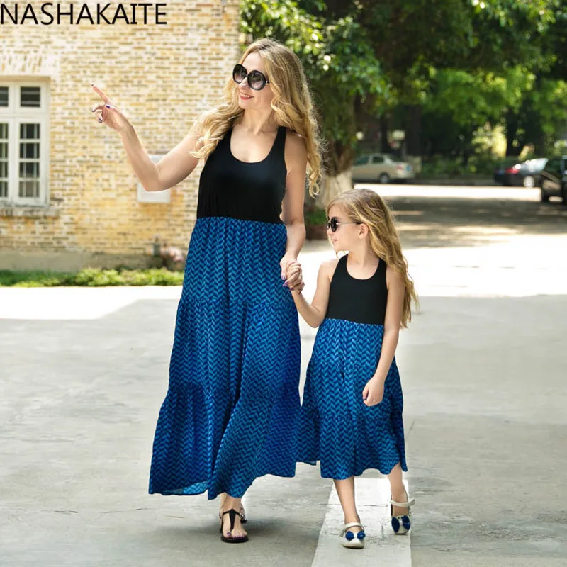

NASHAKAITE Mom and Daughter Dress Wave Striped Print Summer Long Dress Mother and Daughter Clothes Mother Daughter Dresses