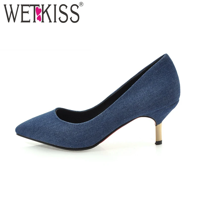 

WETKISS Fashion High Heels Denim Women Pumps Pointed Toe Thin Heels Footwear Spring Sexy Party Ladies Shoes Big Size 32-43
