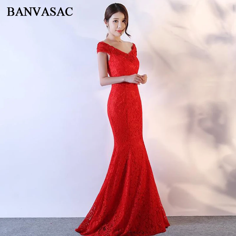 BANVASAC 2018 V Neck Lace Embroidery Mermaid Long Evening Dresses Party Sequined Short Cap Sleeve Backless Prom Gowns