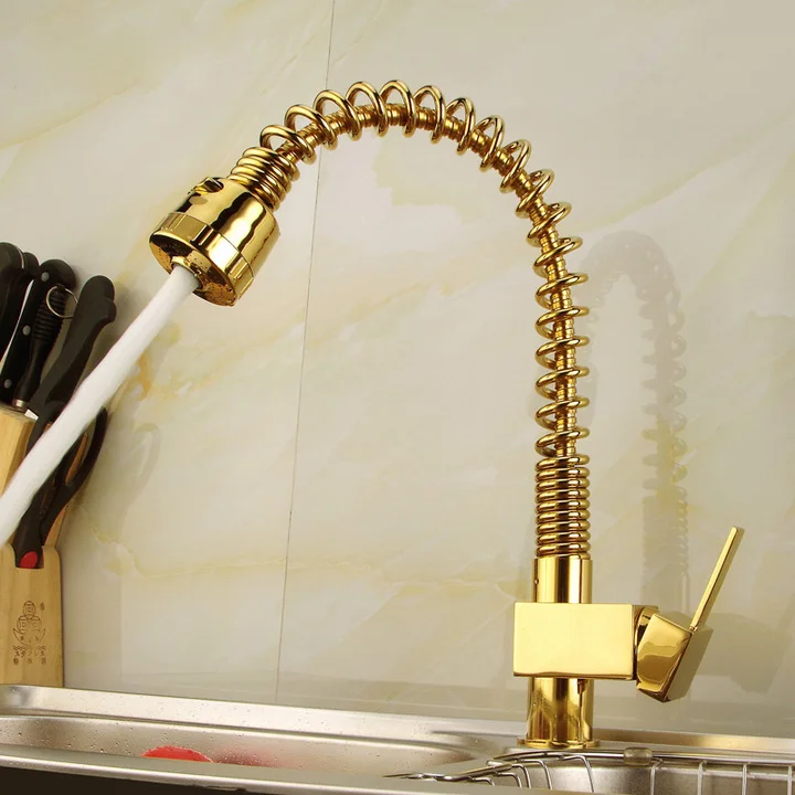 Free ship Pull Out Gold Plate Kitchen Faucet Single Lever Single Hole Mixer Tap