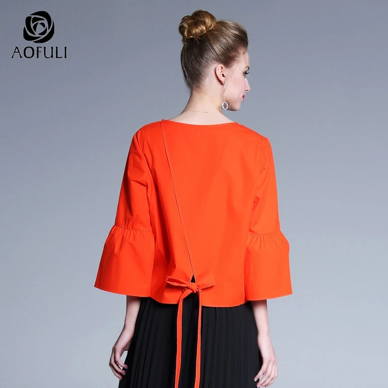 

AOFULI S~ 4XL Women Flare Sleeve Blouses 2019 Summer New Fashion Orange 3/4 Sleeve Ladies Shirt solide Bow Tie cotton Tops A3943