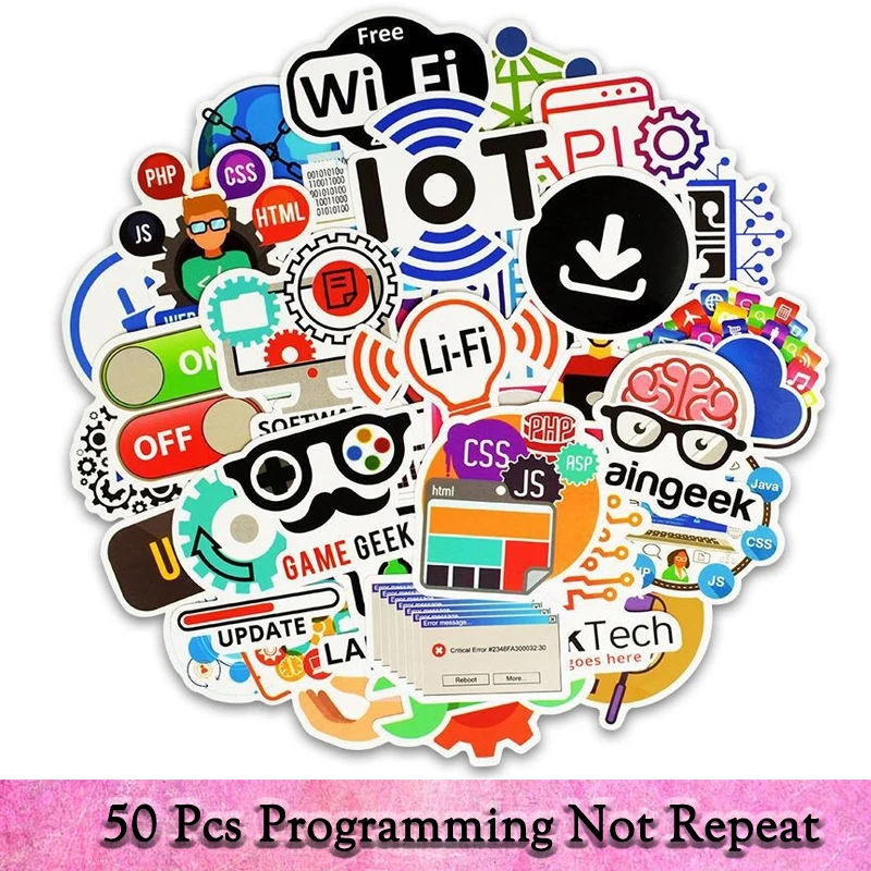 

50Pcs/Lot Programming Internet Decal Stickers For Laptop Luggage Car Skateboard Guitar Fridge Toy Gift Sticker For Kid